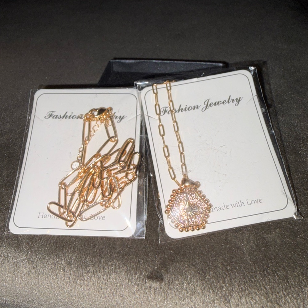 Gold-Tone Hexagon Pendant Necklace and Chain necklace Set - Picture 4 of 5